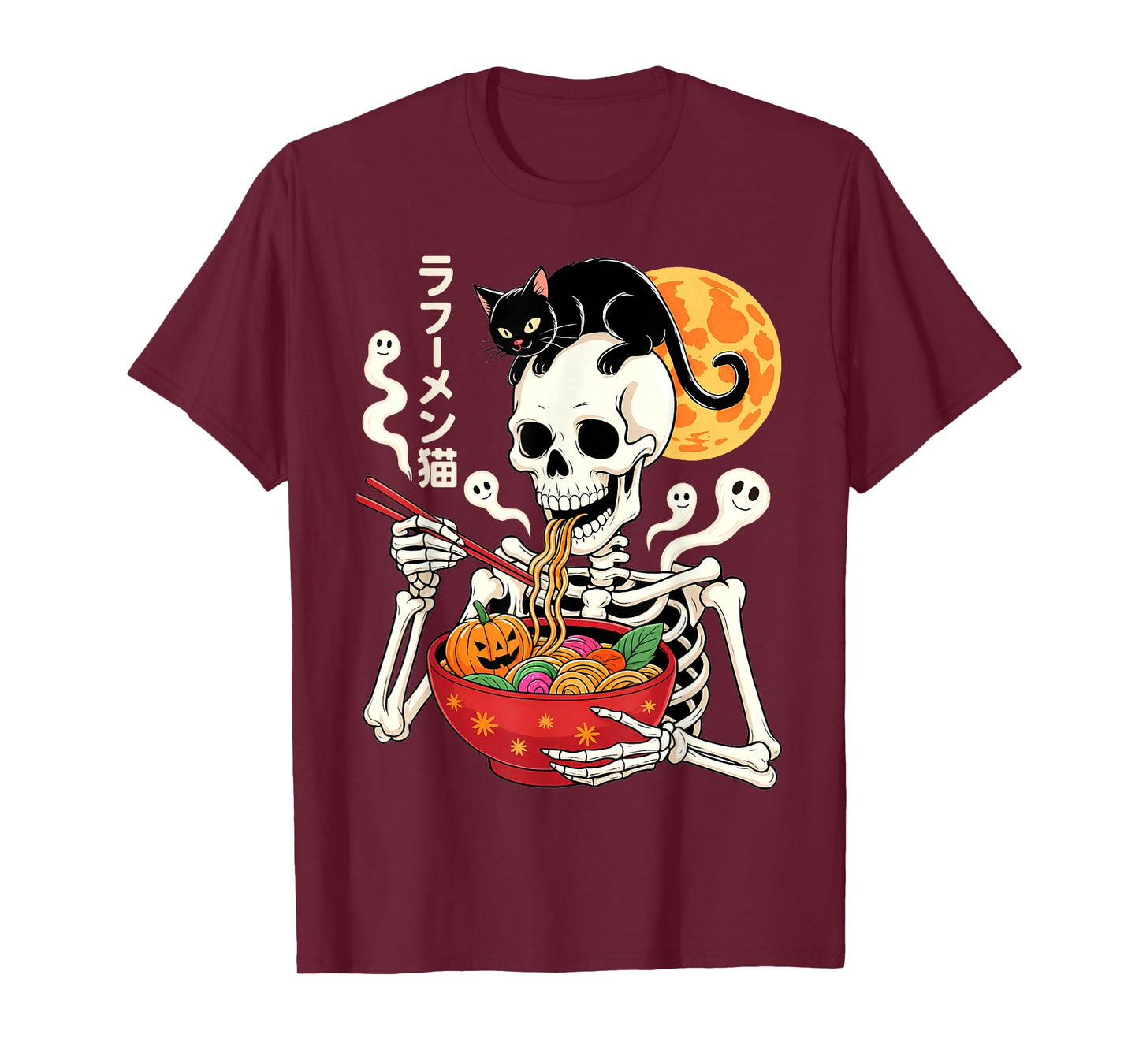 Spooky Skeleton Eating Ramen Bowl with Cat Halloween Art T-Shirt
