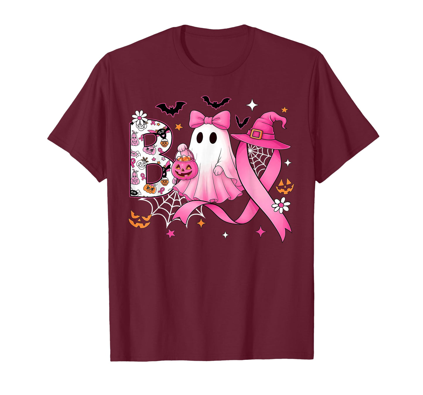 Boo Halloween Pumpkin Pink Ribbon Witch Breast Cancer T-Shirt