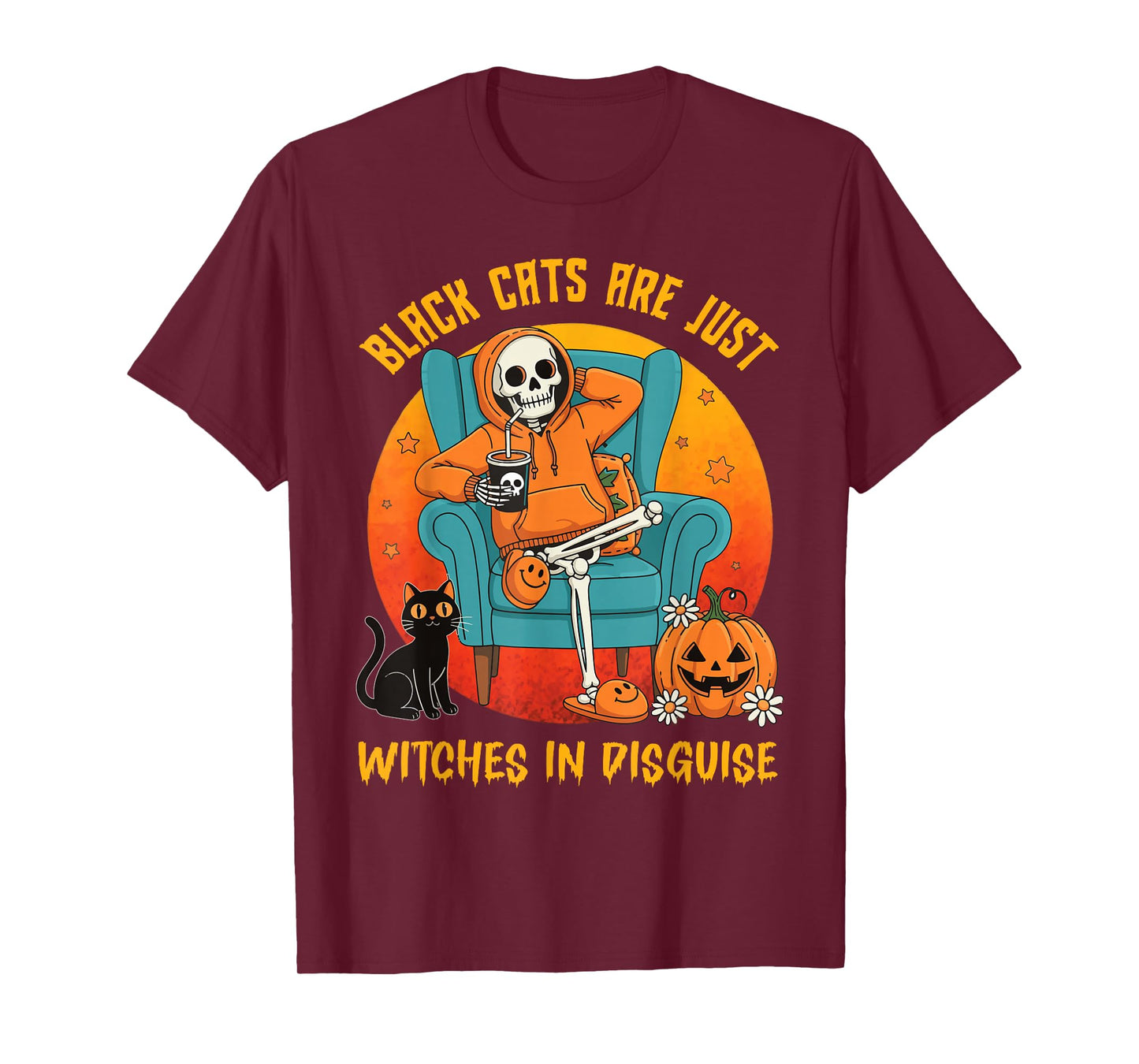 Spooky Skeleton with Pumpkin Cute Black Cat Lovers Halloween T-Shirt