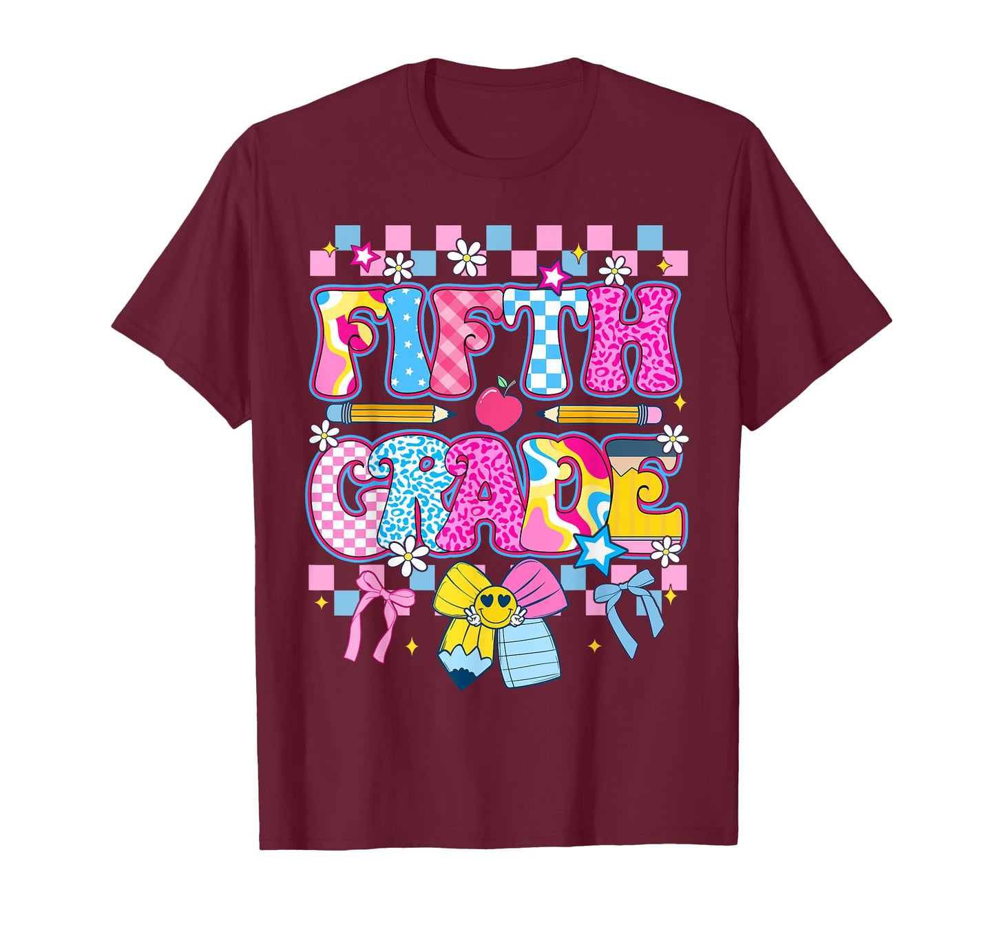 First Day Of Fifth Grade Back To School Checkered Bow Girls T-Shirt