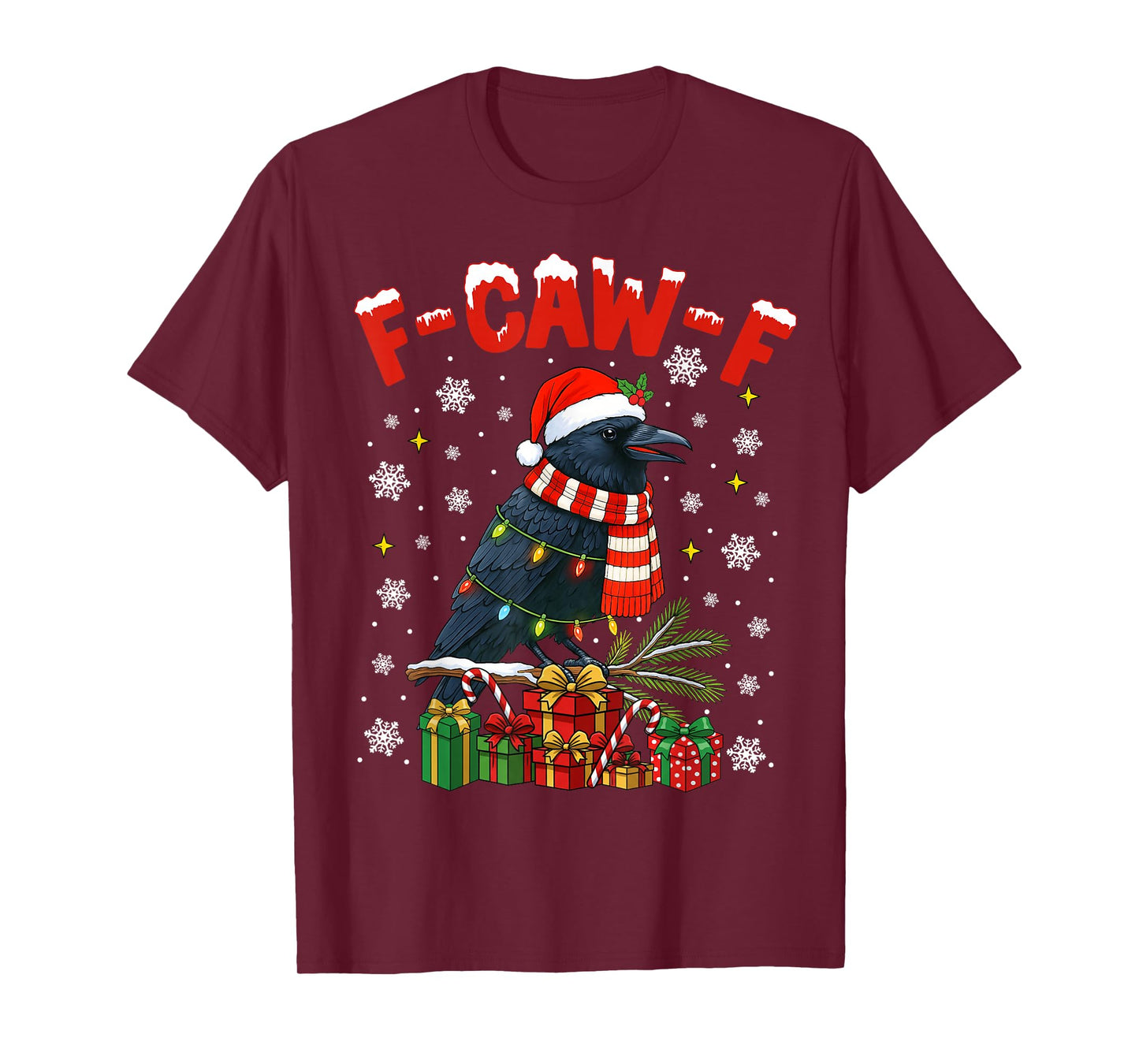 Black Crow F-Caw-F Funny Retro Christmas Lights Santa Hat T-Shirt