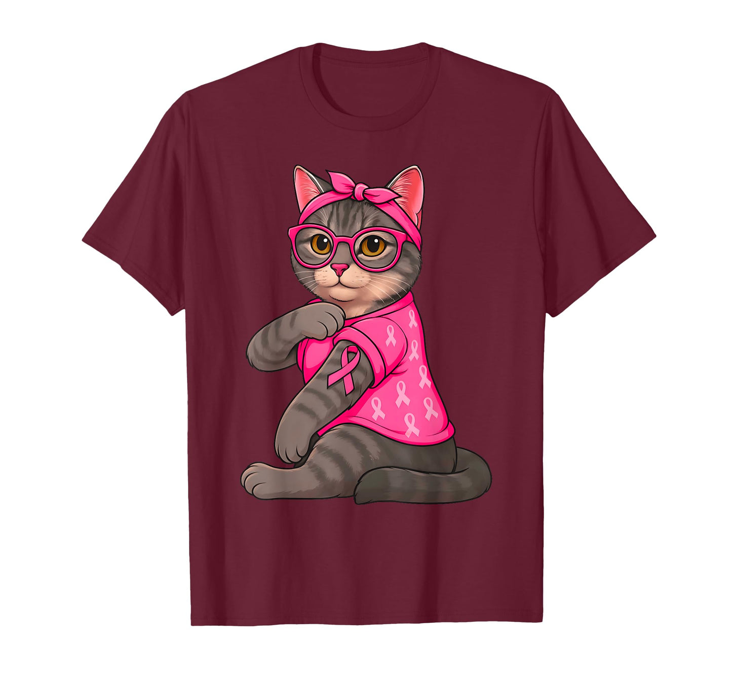 Cute Funny Cat Tattoo Pink Breast Cancer Awareness Men Women T-Shirt