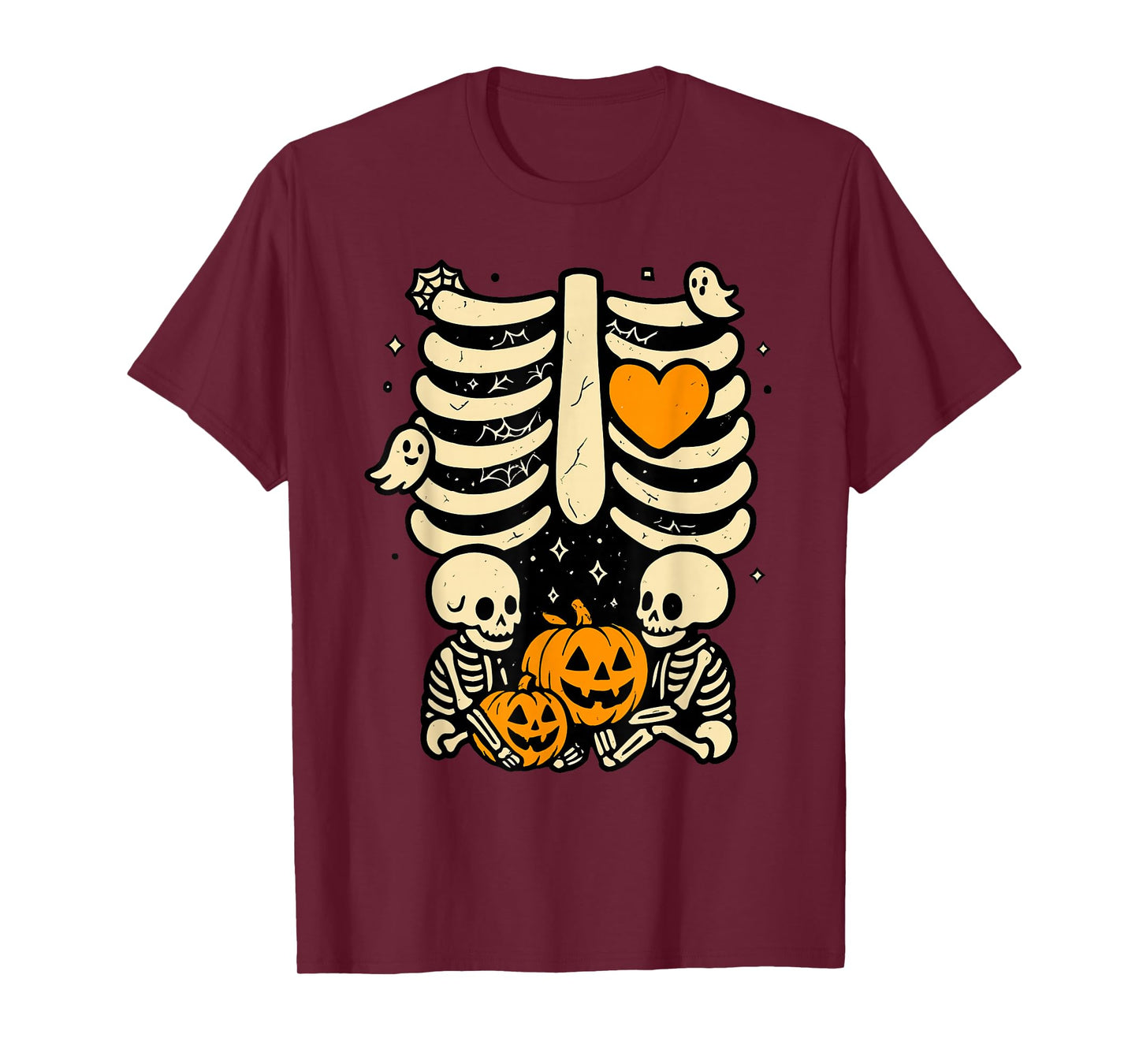 Pregnant Skeleton Twin Pregnancy Baby Announcement Pumpkin T-Shirt
