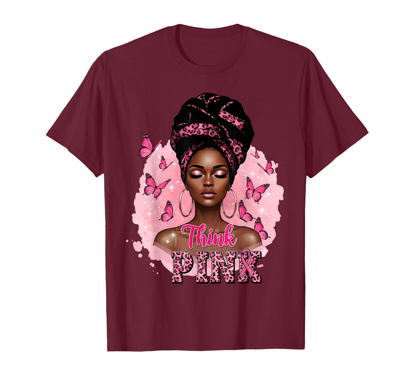 Think Pink Black Woman Butterfly Breast Cancer Awareness T-Shirt
