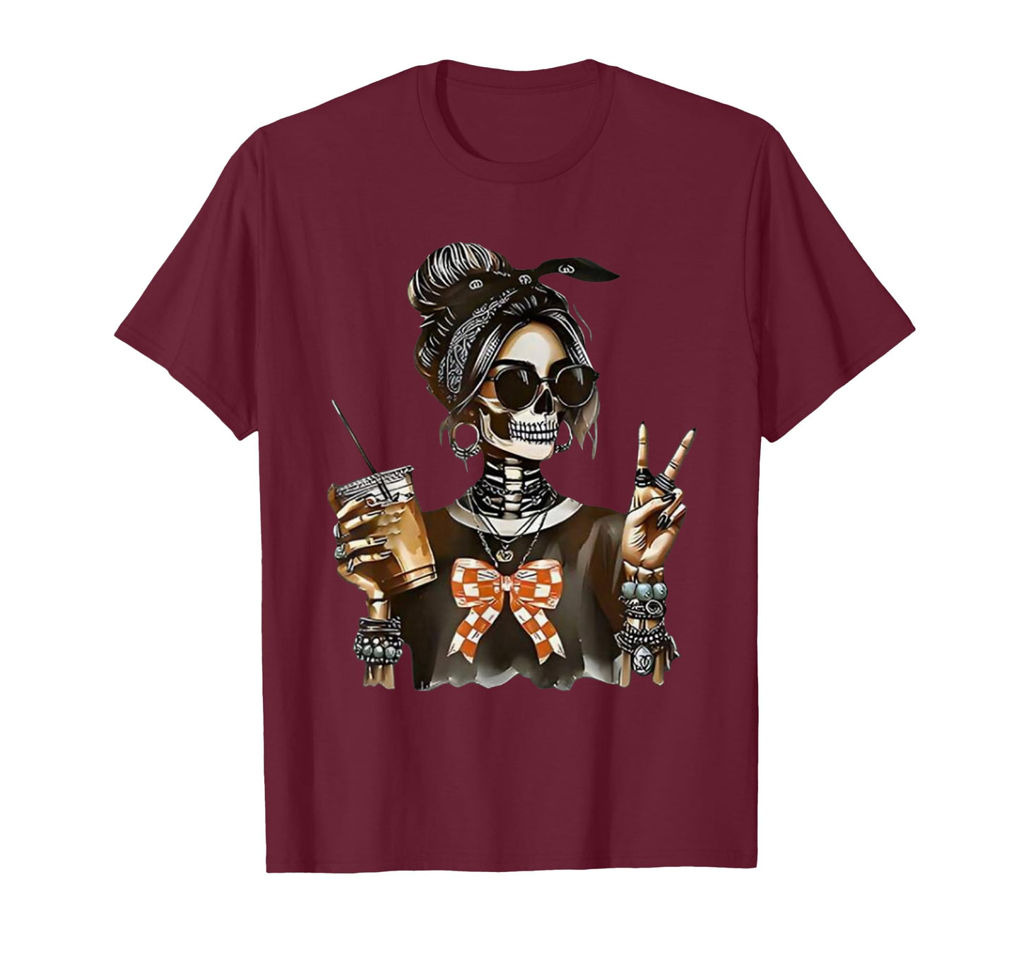 Skeleton Girl Drinking Coffee Peace Sign Graphic for Wome T-Shirt