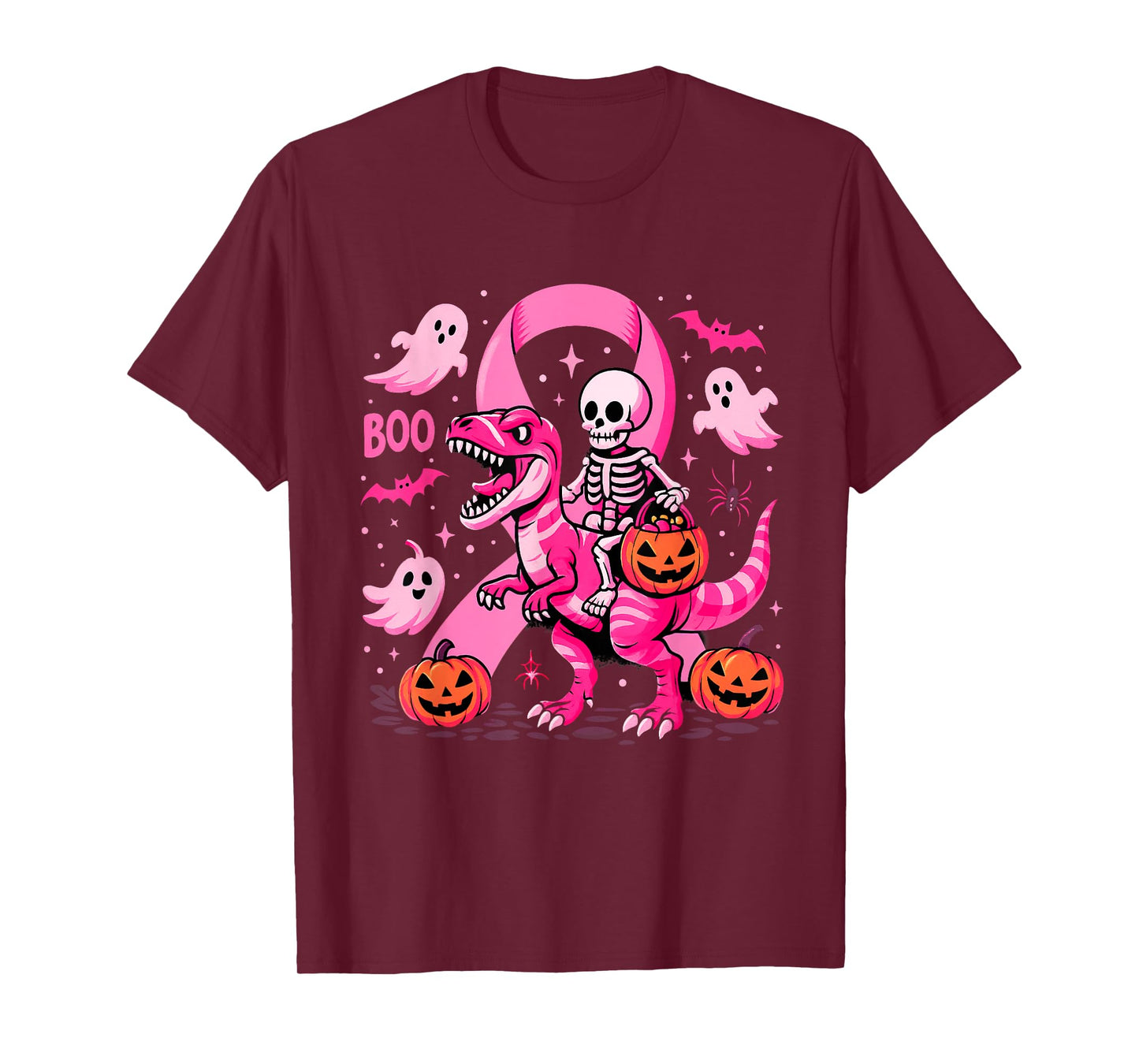 Skeleton Riding T Rex Dinosaur Boo Ghost Pink Breast Cancer T-Shirt