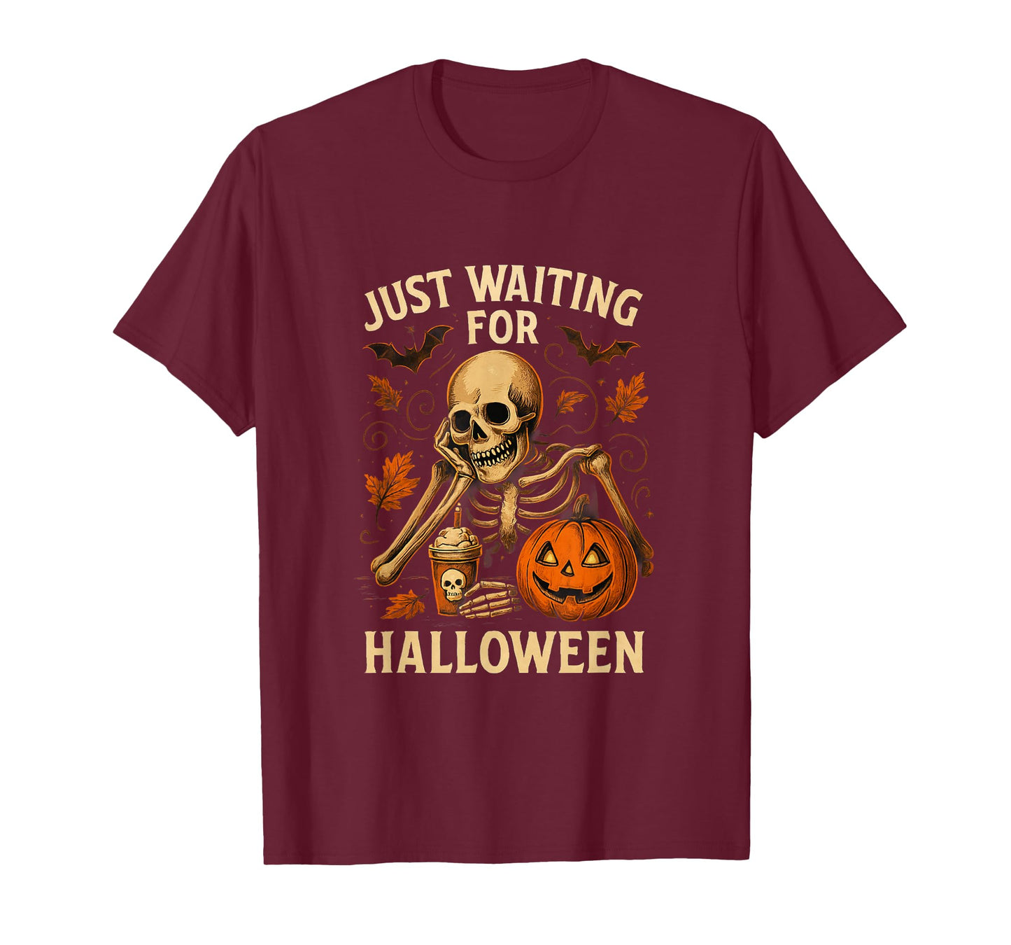 Witty Skeleton Just Waiting for Halloween Pumpkin Autumn T-Shirt