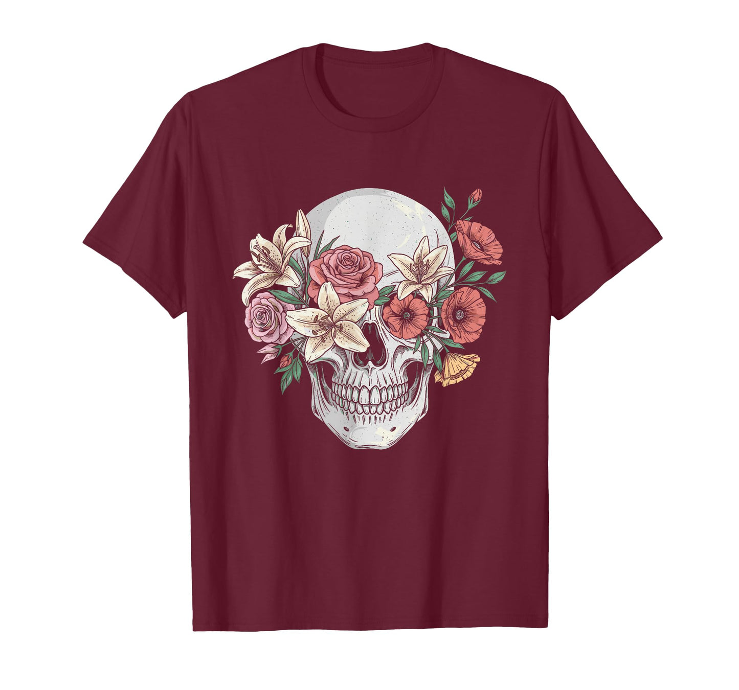 Realistic Skeleton Skull with Flowers Halloween T-Shirt