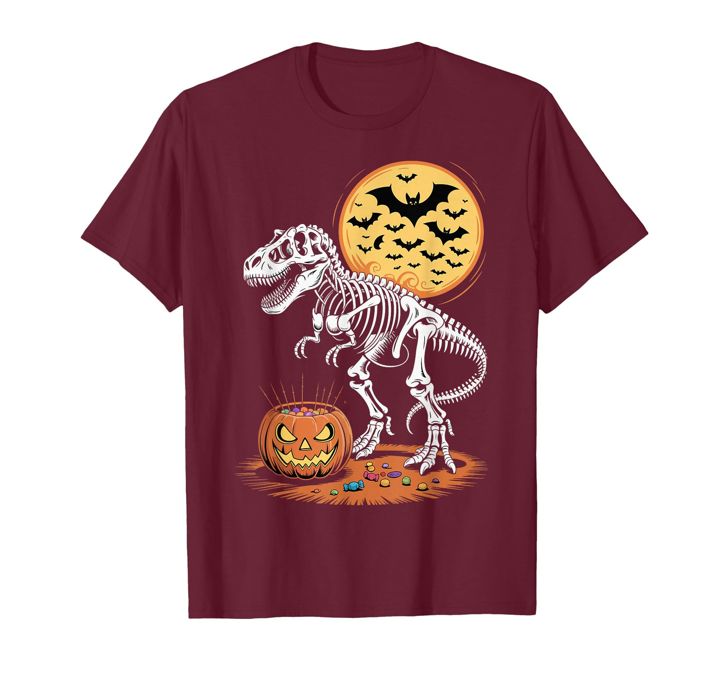 Halloween Dinosaur Skeleton T-Rex Pumpkin Moon Boys T-Shirt