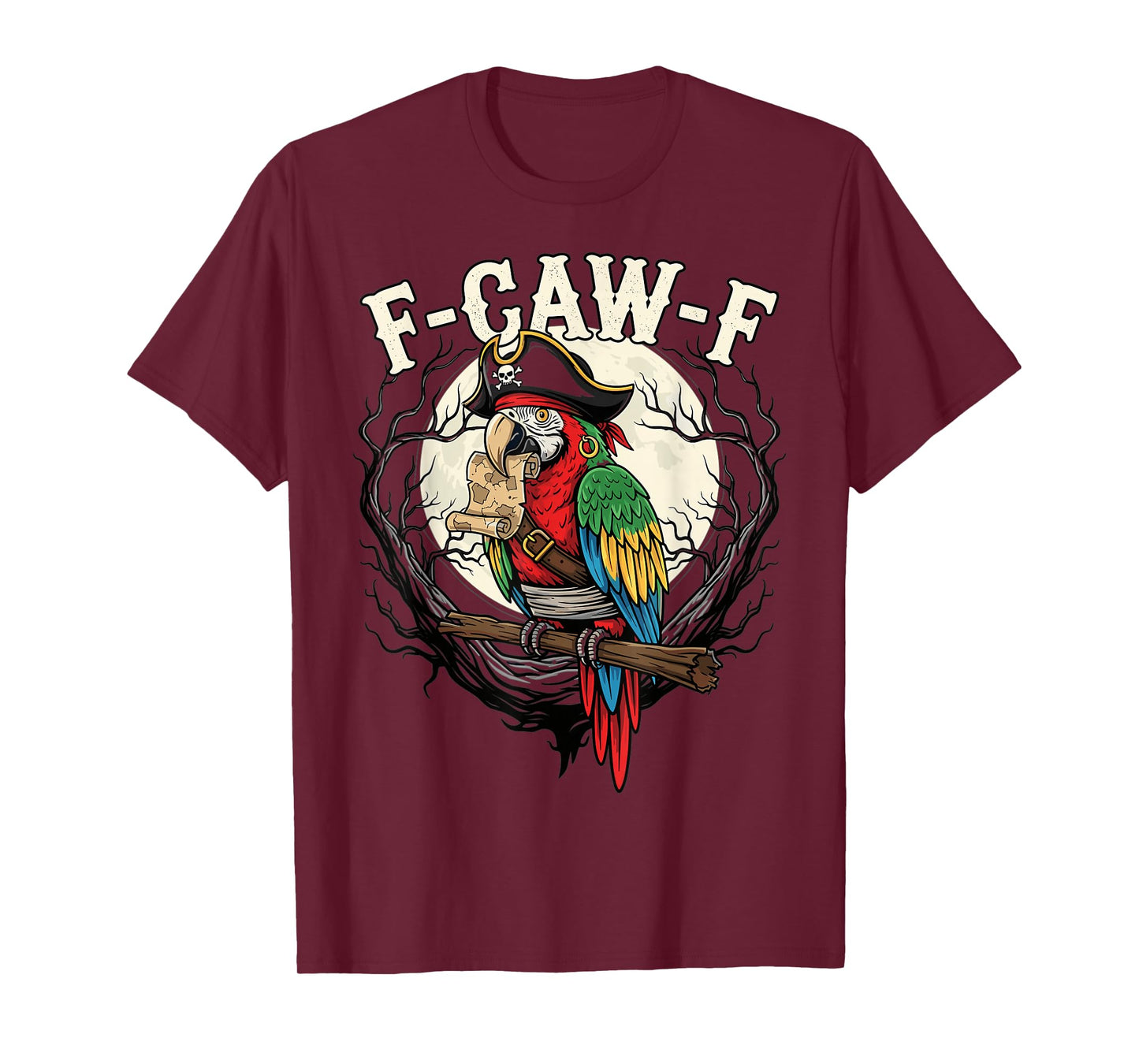Pirate Parrot F Caw F Funny Skull Map Halloween Moon T-Shirt