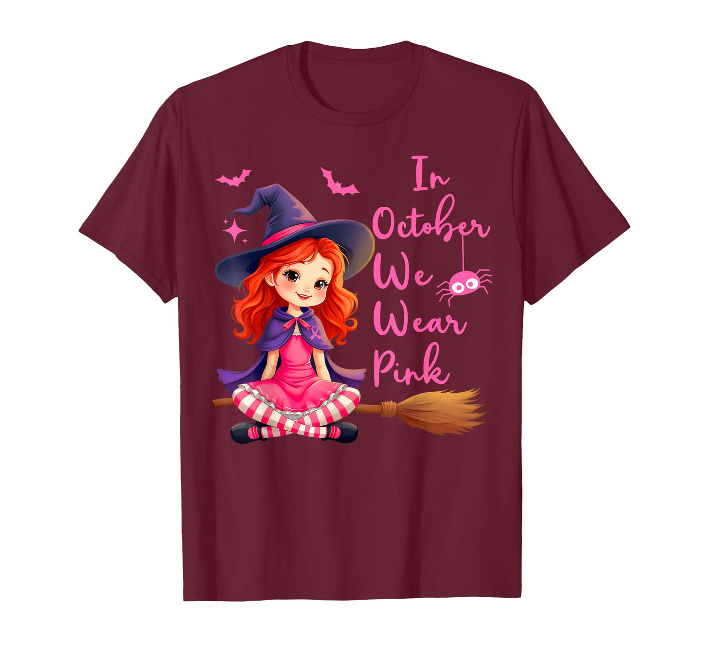 In October We Wear Pink Witch broom Breast Cancer Halloween T-Shirt