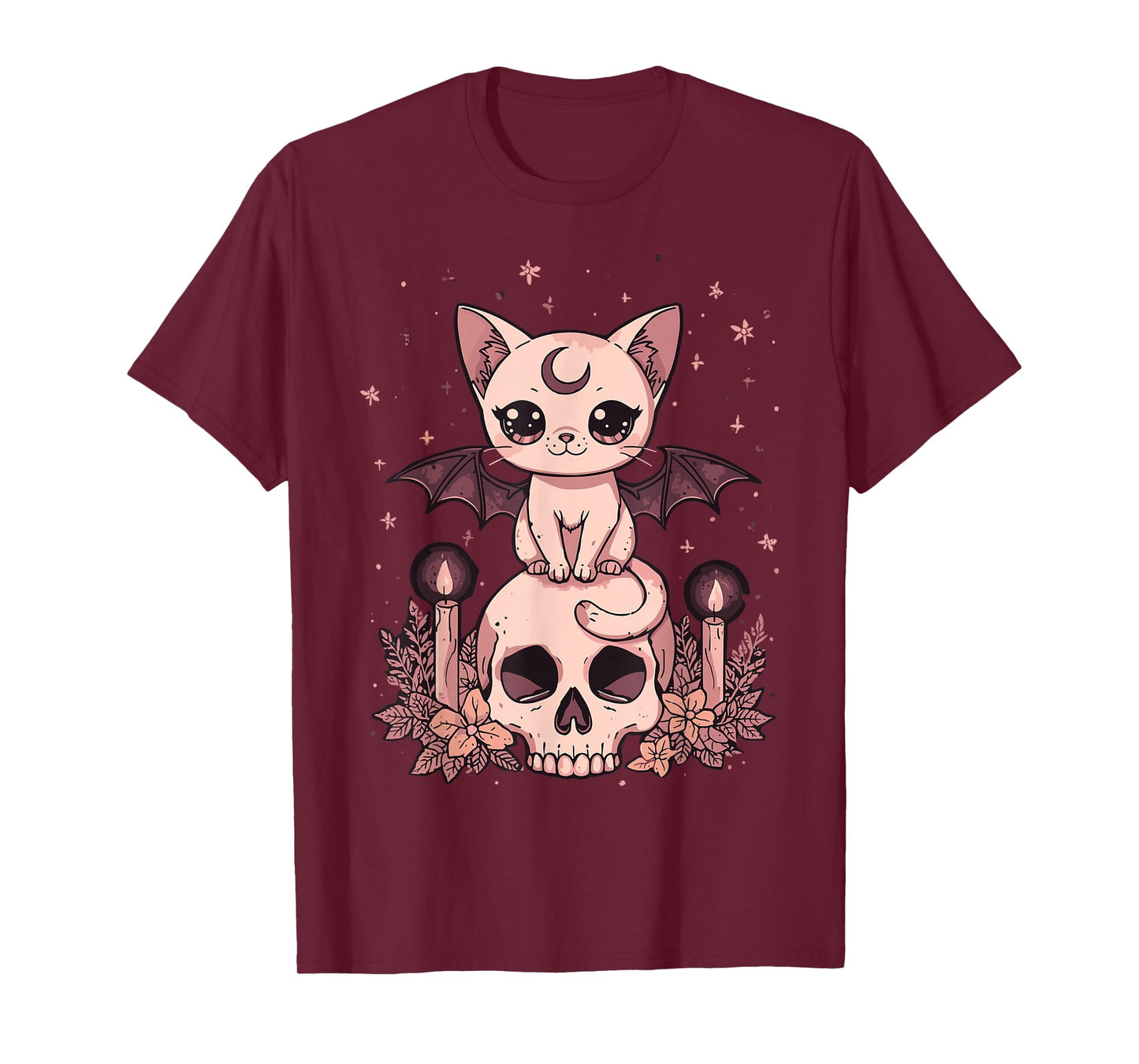 Cute Pink Bat Cat Sitting On Skull Skeleton Candles Design T-Shirt