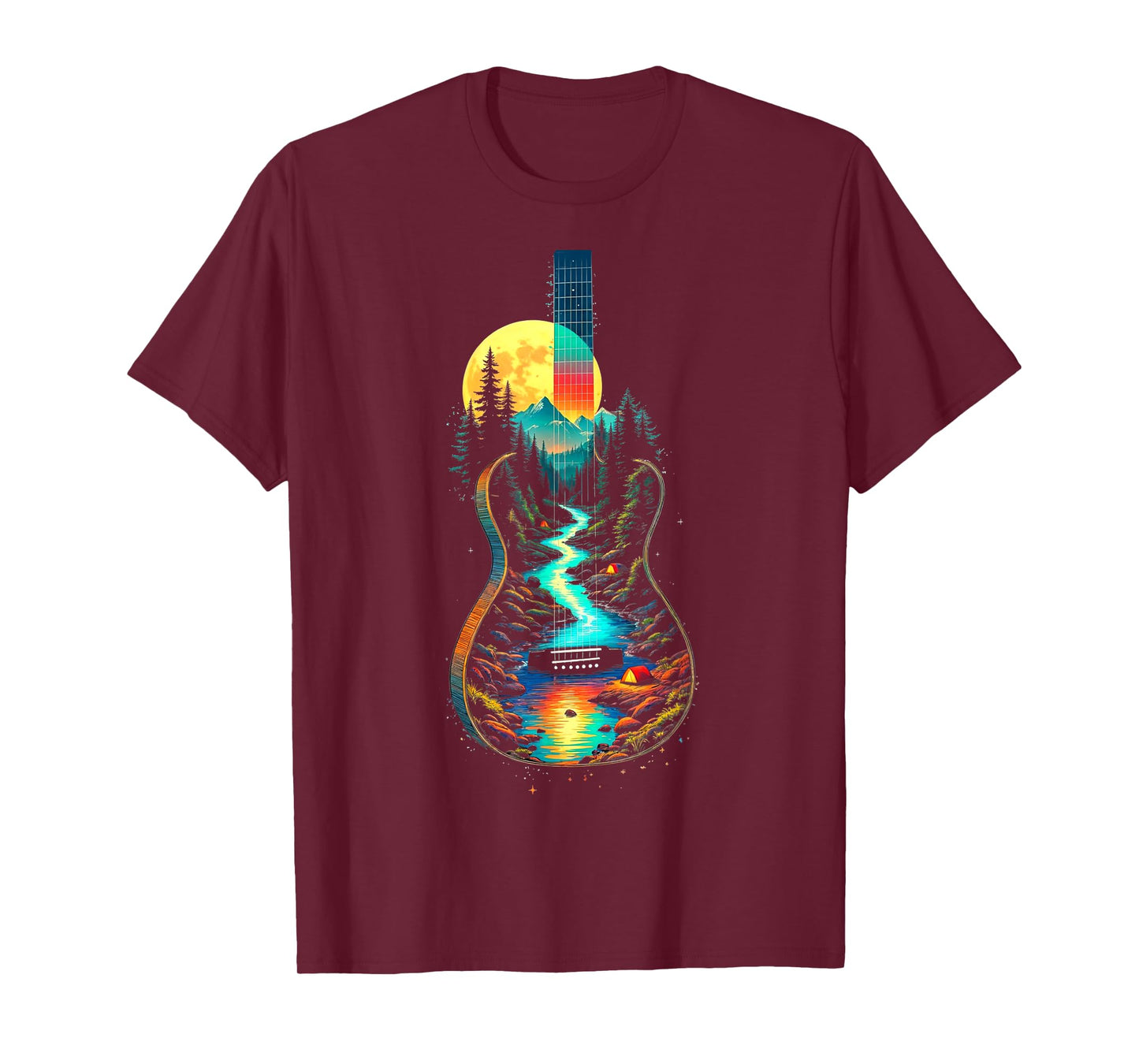 Guitar Lake Reflections Forest Pine Tree Moon Camp Guitarist T-Shirt