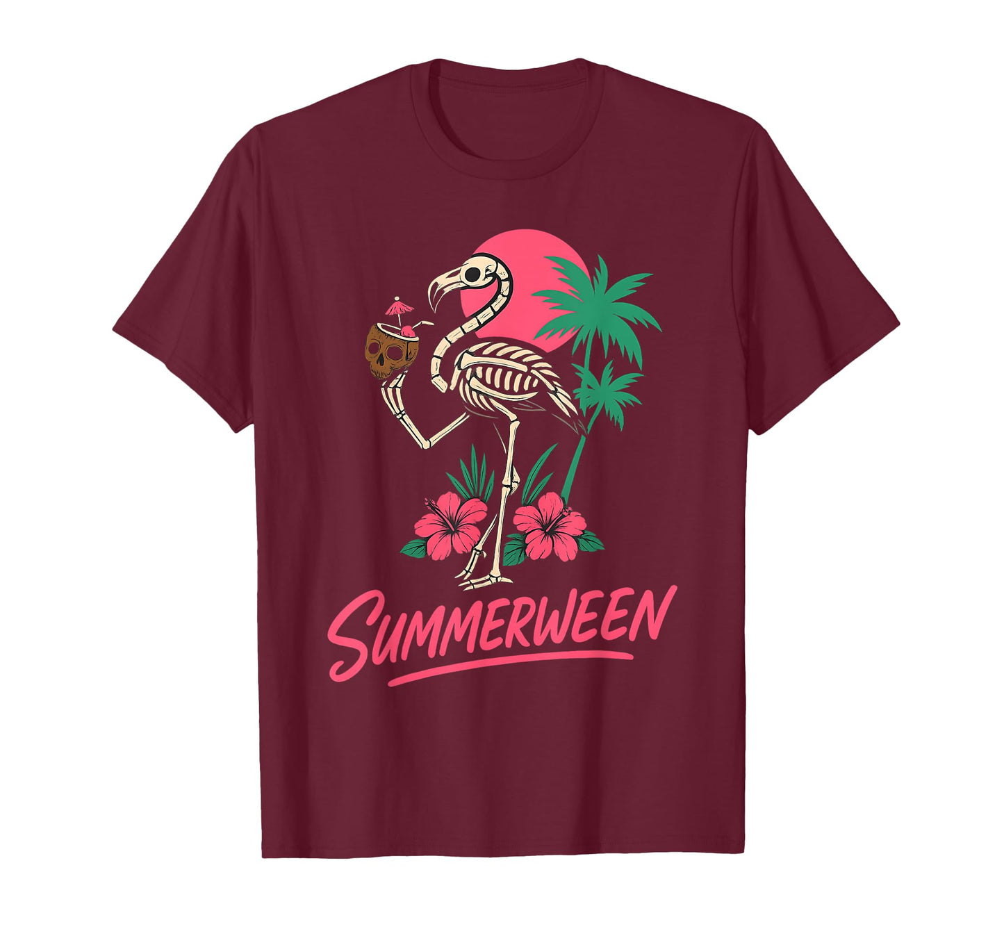 Funny Spooky Summerween Skeleton Flamingo with Coconut Drink T-Shirt