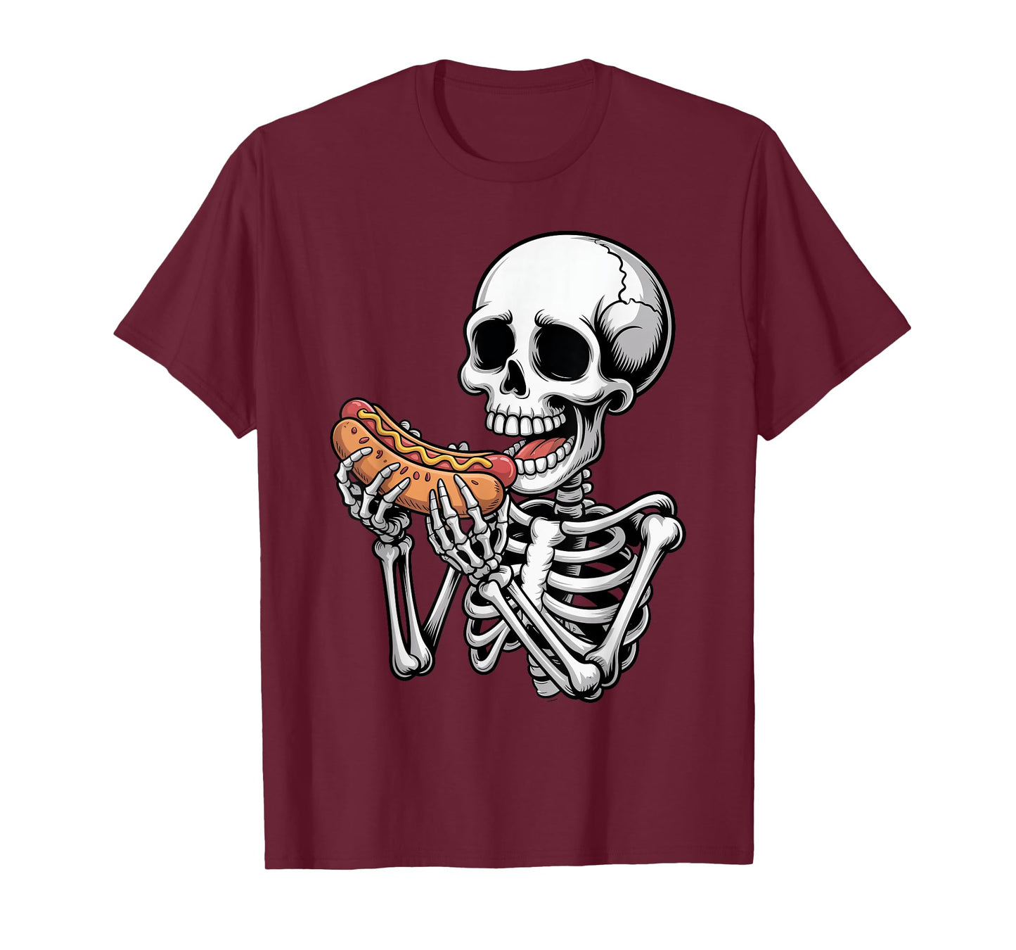 Skeleton Eating Hot Dog Halloween Spooky Season Mens Womens T-Shirt