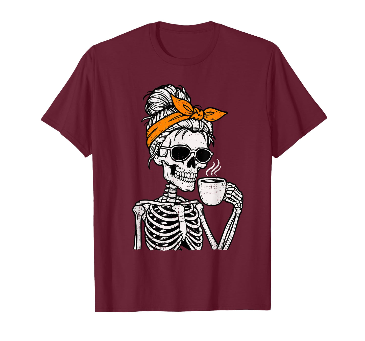 Skeleton Messy Bun Drinking Coffee Halloween Costume Womens T-Shirt