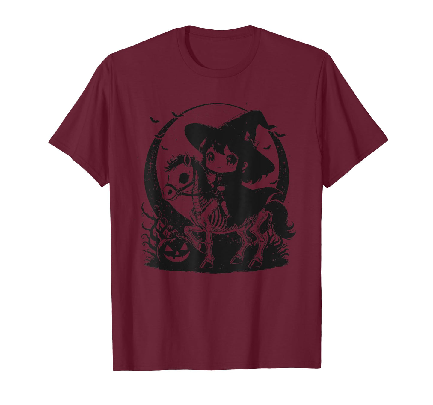 Halloween Girl Witch Riding Horse Skeleton Cute Graphic T-Shirt