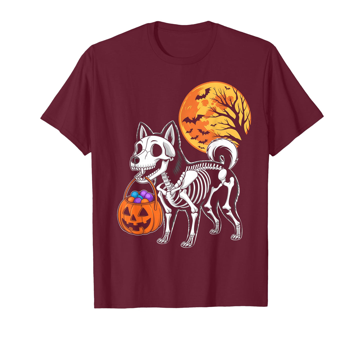 Akitas Dog Skeleton Scary Pumpkin Moon Halloween T-Shirt