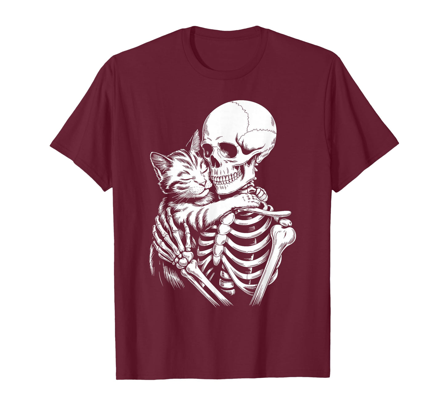 Skeleton Hugging Cat Lover Spooky Season Halloween T-Shirt