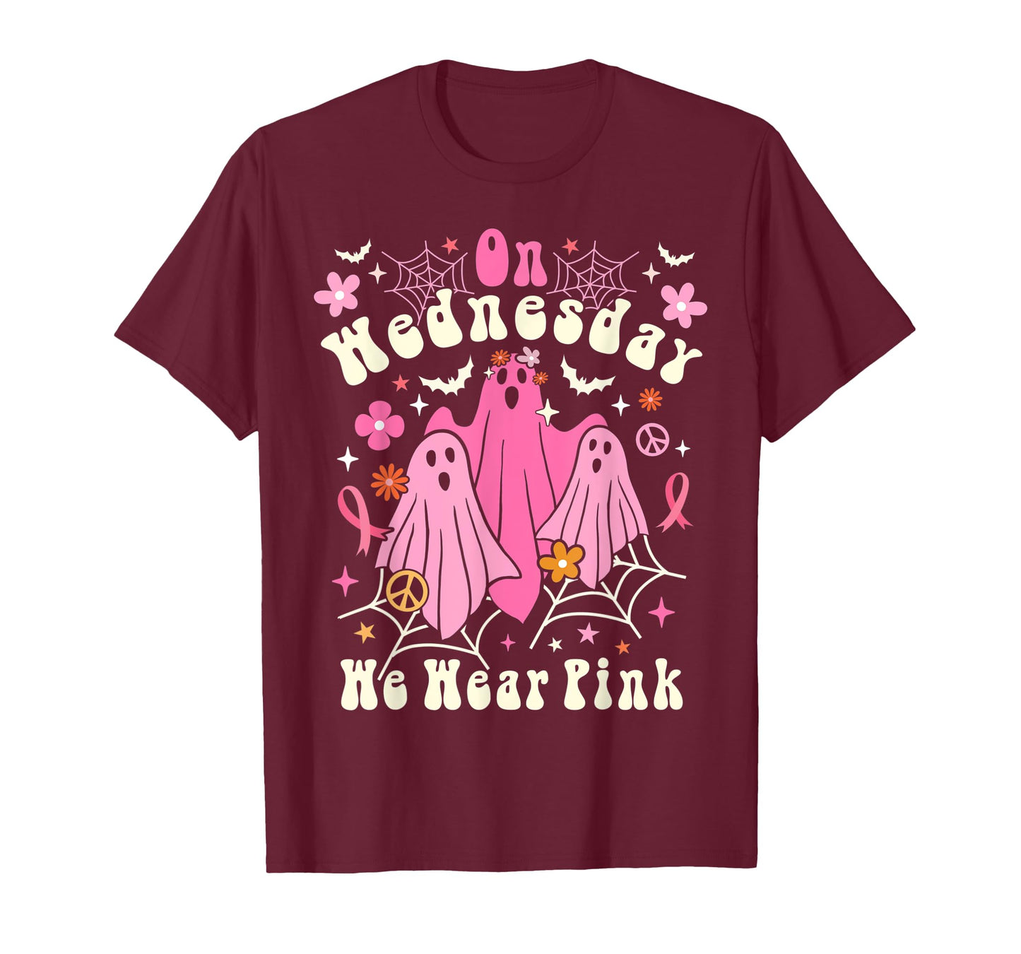 On Wednesday We Wear Pink Ghost Halloween Breast Cancer 2022 T-Shirt