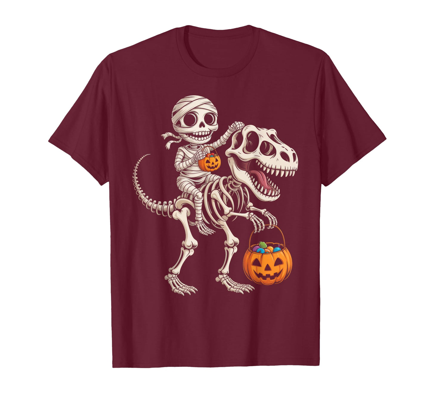 Mummy Skeleton Riding Dinosaur T Rex Kids Boys Men Halloween T-Shirt