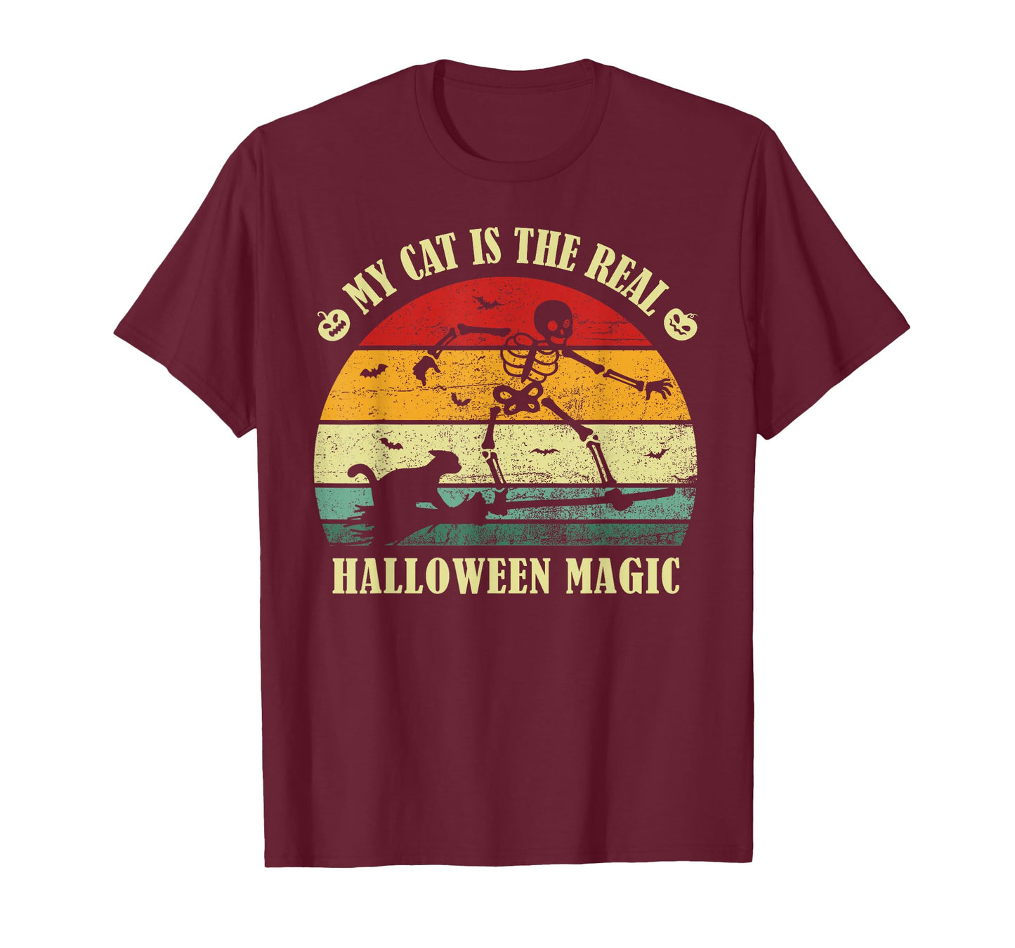 Vintage My cat is The Real Halloween Magic Skeleton Broom T-Shirt