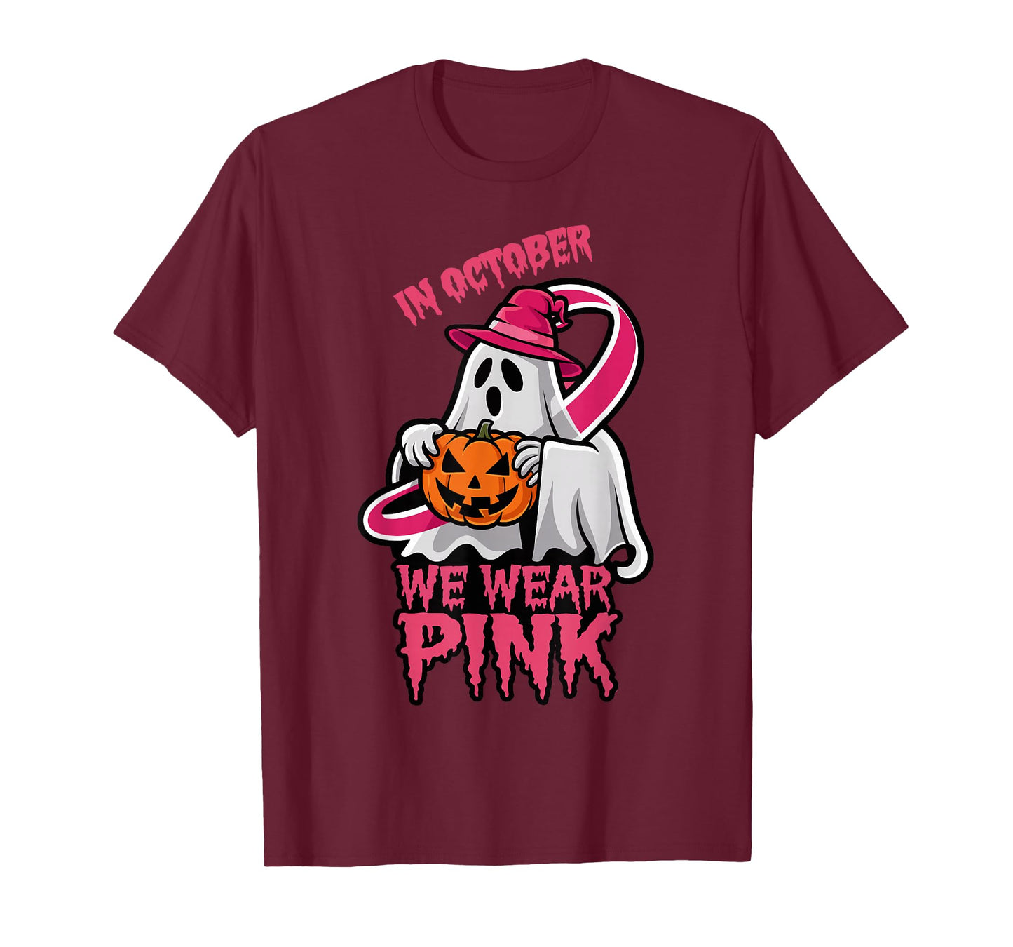 Ghost Witch in October We Wear Pink Breast Cancer Awareness T-Shirt