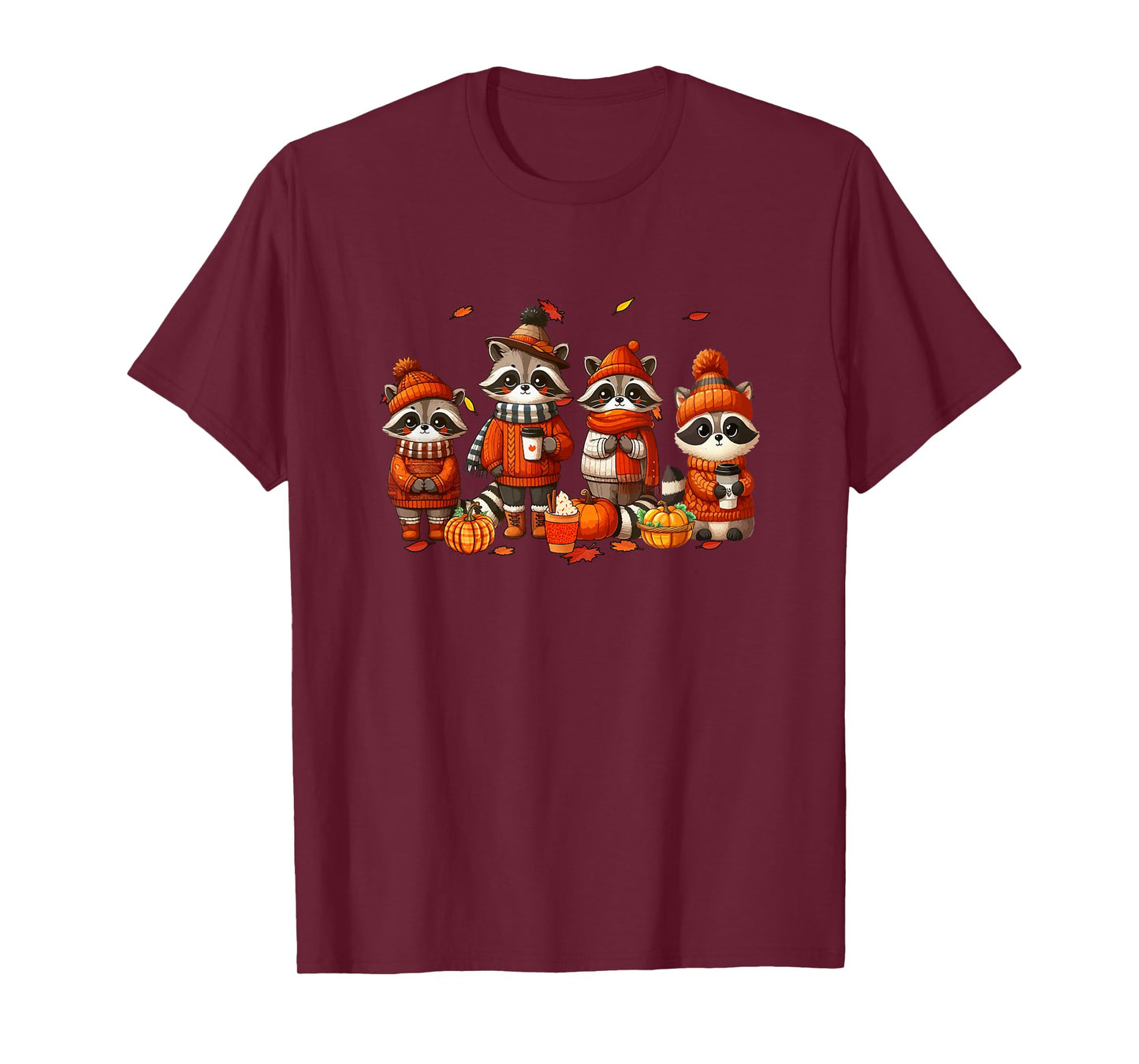 Group Raccoons Thanksgiving Pilgrim Fall Leaves Pumpkins T-Shirt