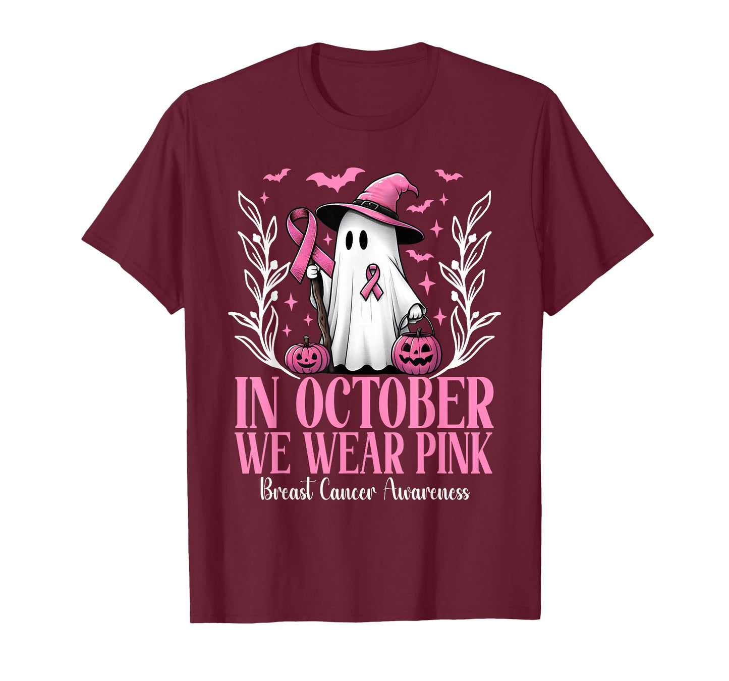 In October We Wear Pink Breast Cancer Witch Ghost Halloween T-Shirt