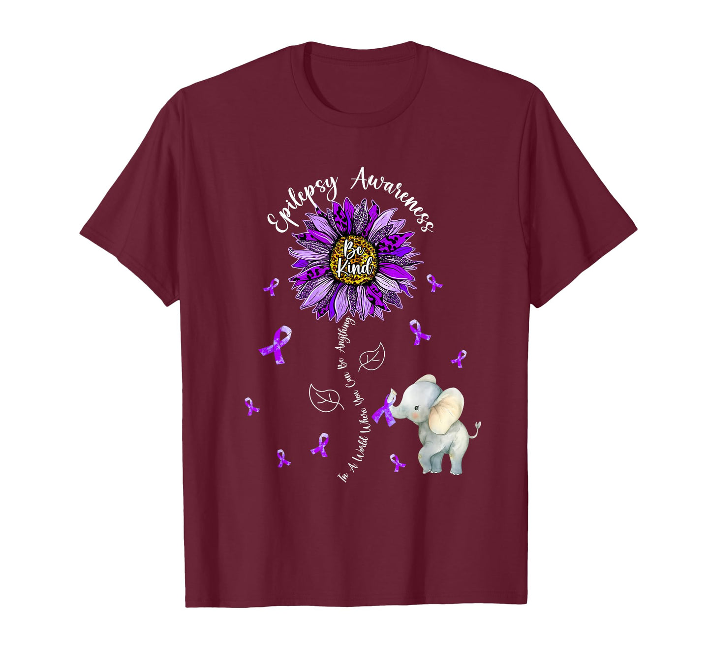 Be Kind Elephant Purple Sunflower Epilepsy Awareness T-Shirt