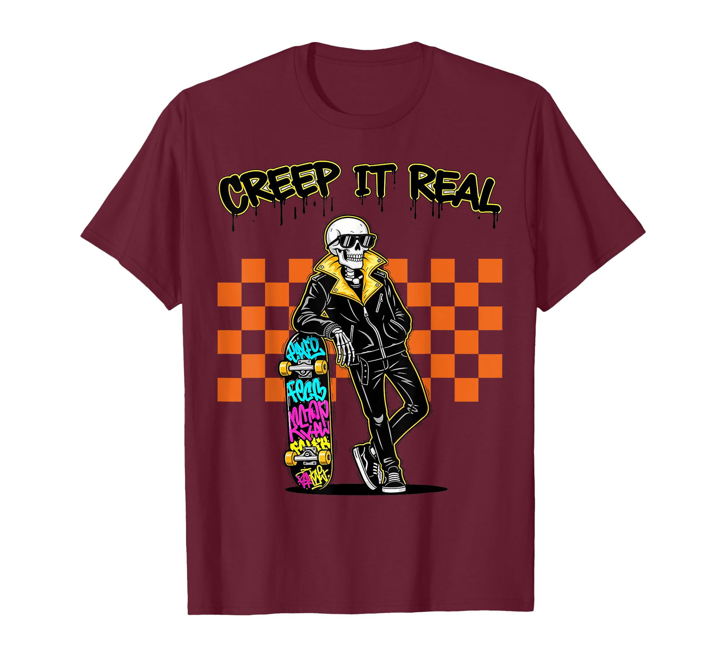 Creep It Real Spooky Ghost Skeleton Skateboarder Halloween T-Shirt