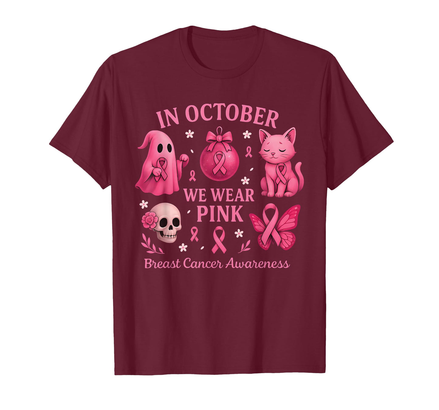 in October We Wear Pink Ghost Skeleton Breast Cancer Women T-Shirt