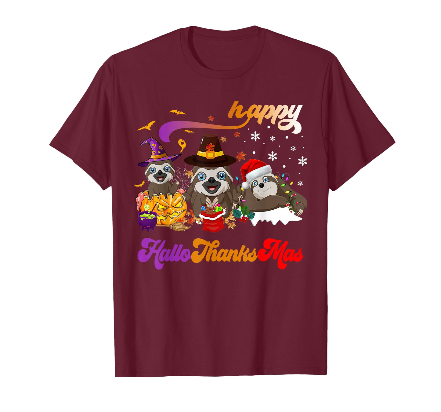 Sloths Halloween Thanksgiving Christmas Happy Hallothanksmas T-Shirt