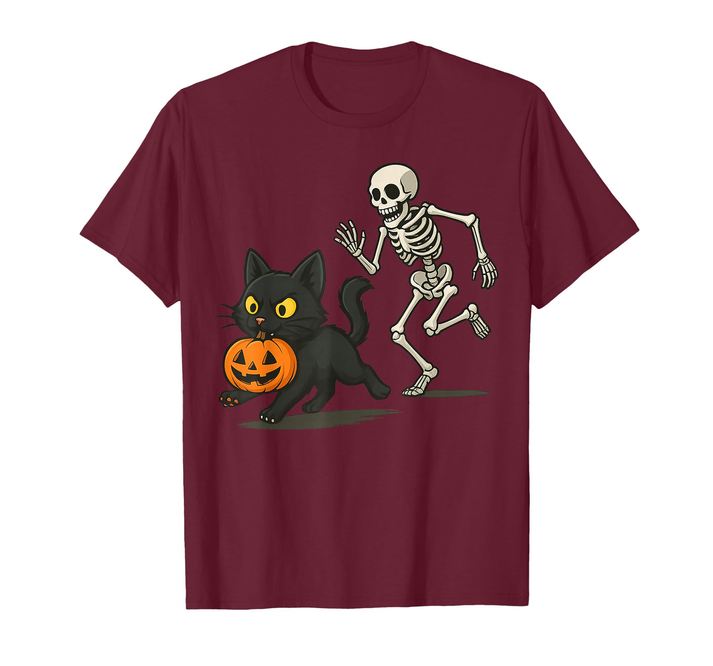 Funny Black Cat with Pumpkin and Skeleton Chase Design T-Shirt