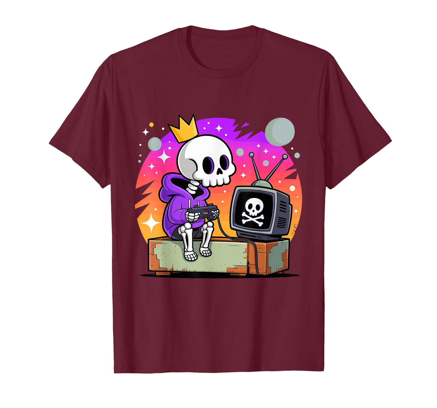 Skeleton Gamer Skull Crown Halloween Vibe Graphic T-Shirt