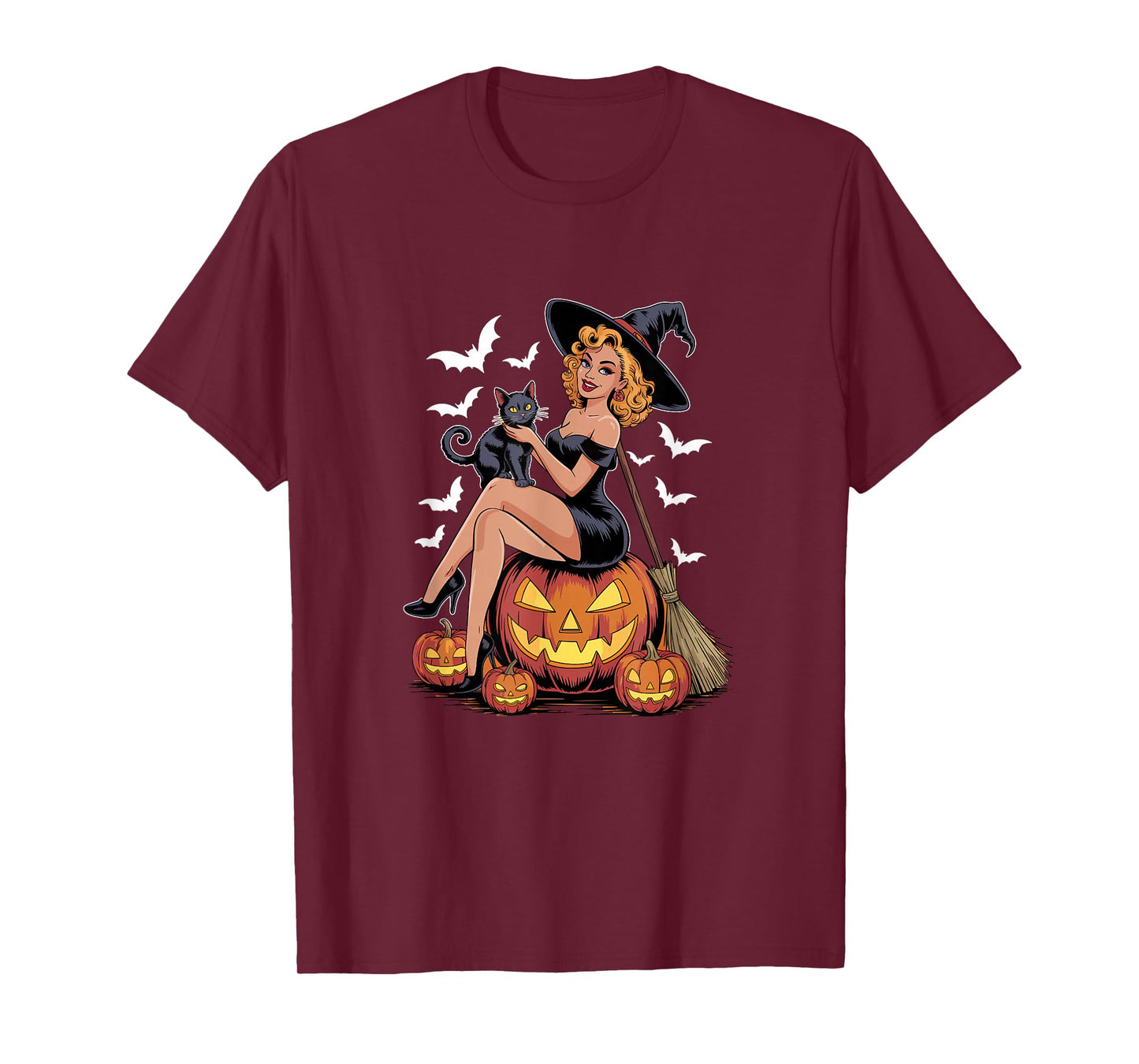 Witch On Horror Carved Pumpkins with Cat Halloween Women T-Shirt