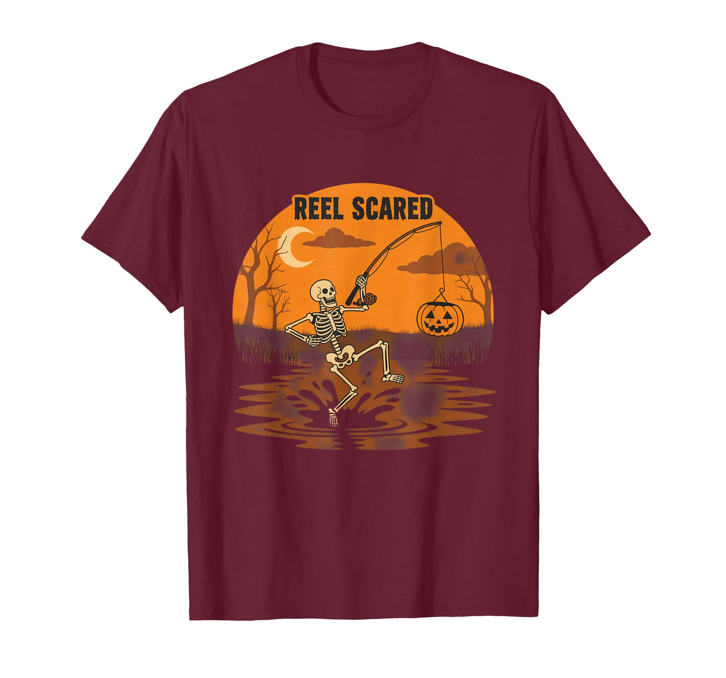 Reel Scared Halloween Fishing Skeleton Angler T-Shirt