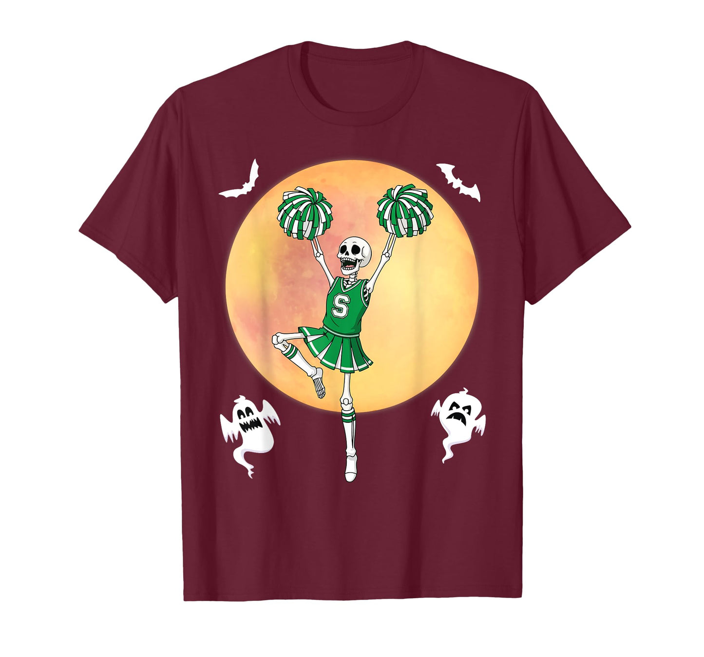 Skeleton Cheerleading Halloween Full Moon Spooky Cheerleader T-Shirt
