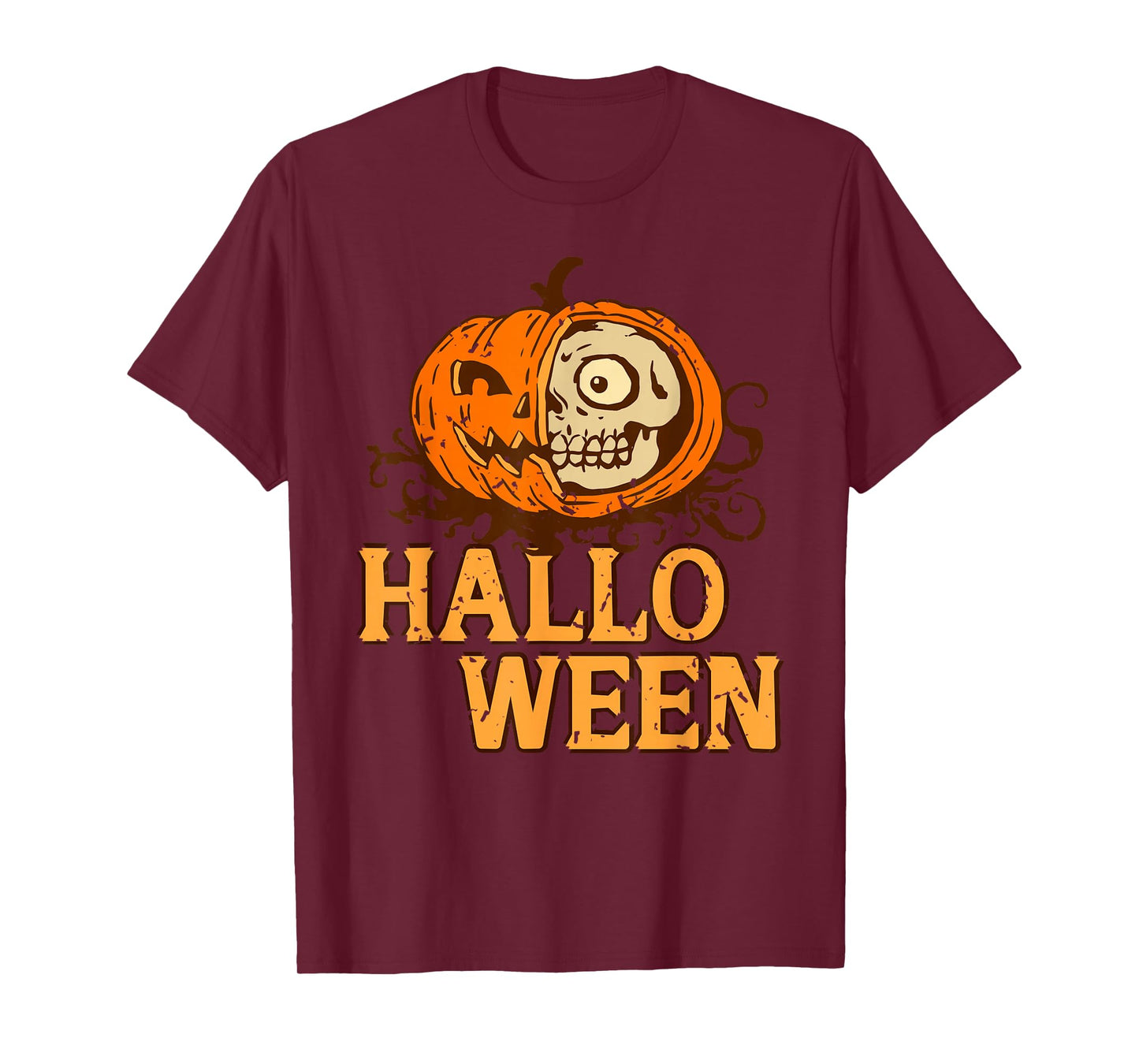 Half Skull Pumpkin Halloween Face Creepy Funny Style T-Shirt