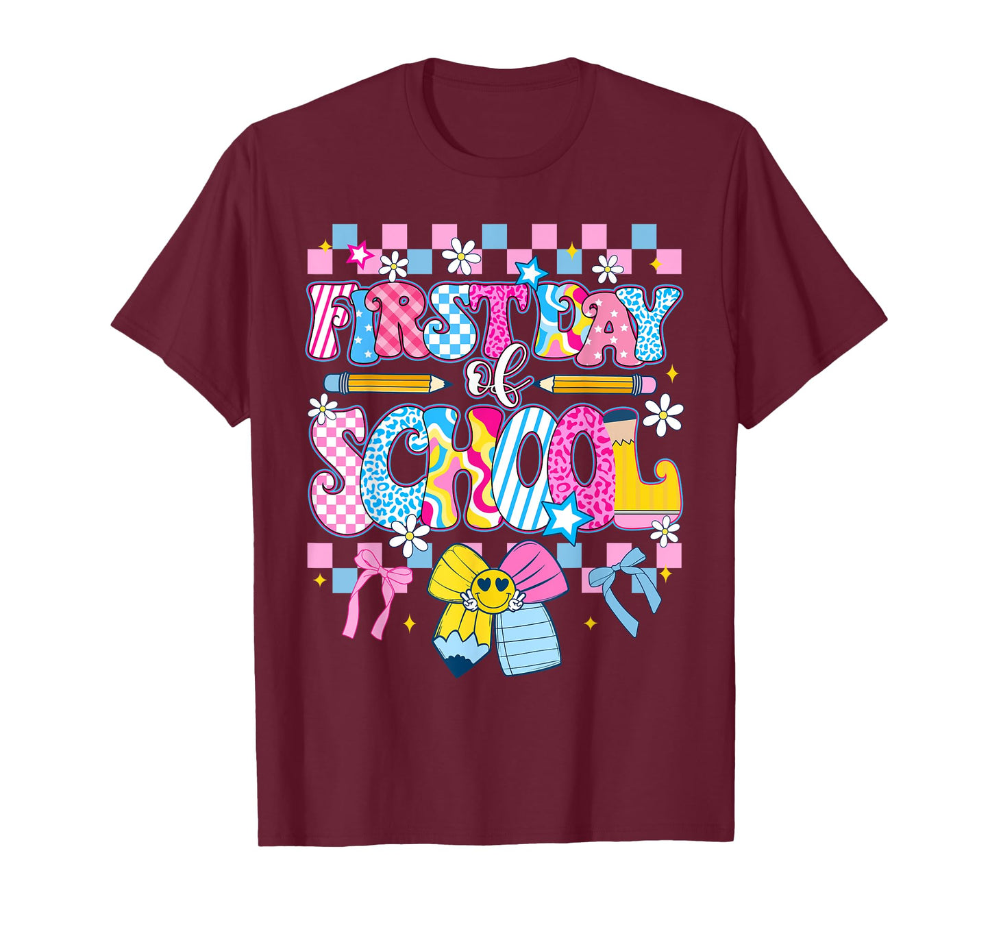 First Day Of School Checkered Leopard Bow Back To School Kid T-Shirt