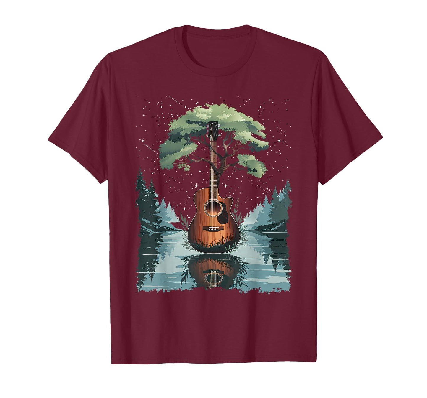 Acoustic Guitar Tree and Moon By The Lake Guitarist T-Shirt