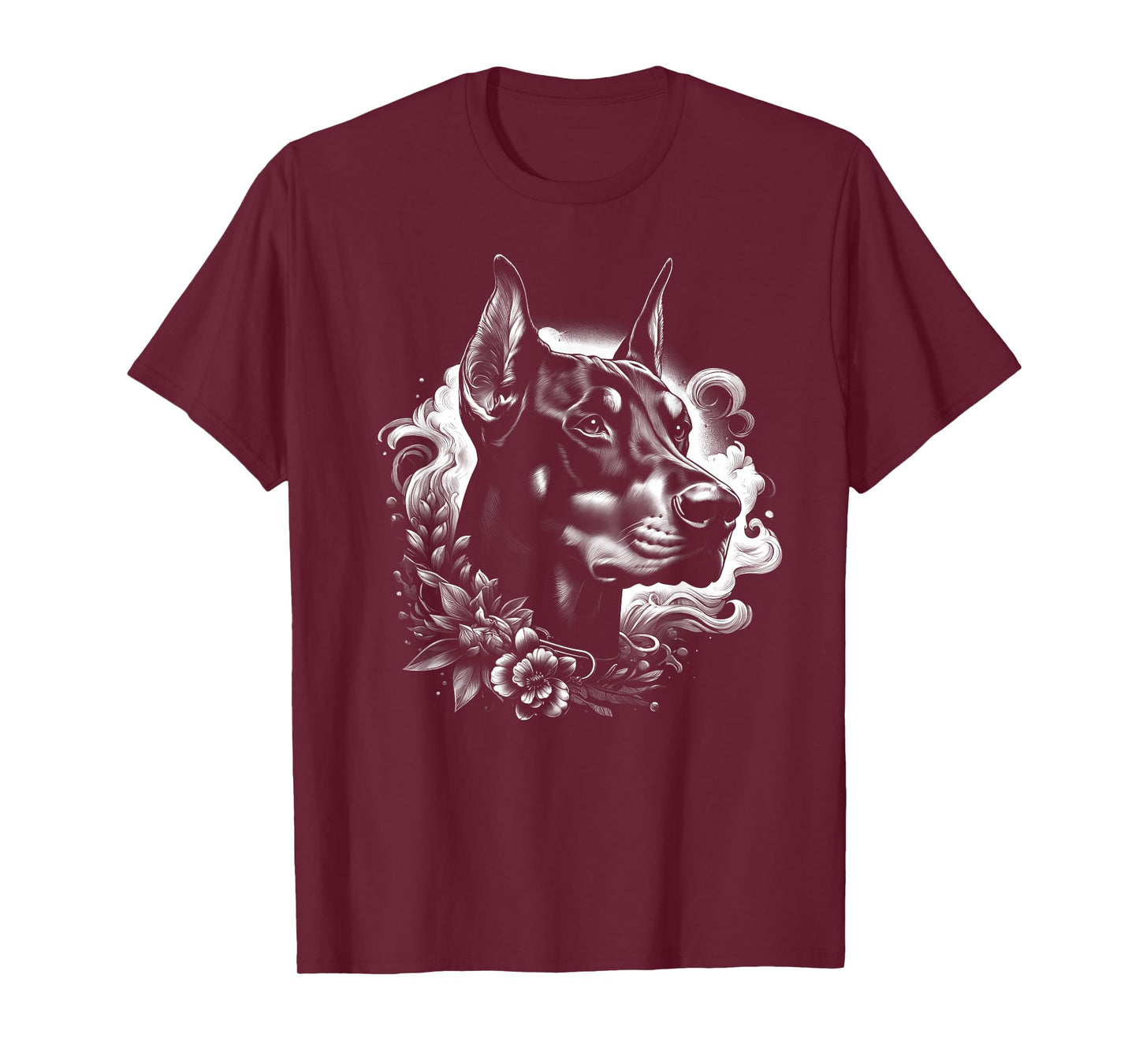 Cool Doberman Portrait with Flowers Decoration T-Shirt