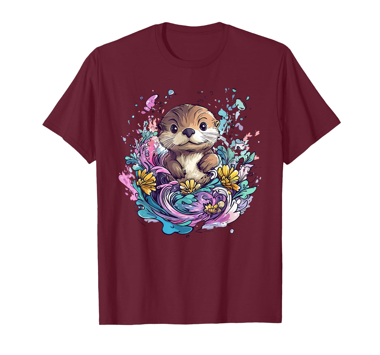 Cute Otter Surrounded By Colorful Flowers T-Shirt