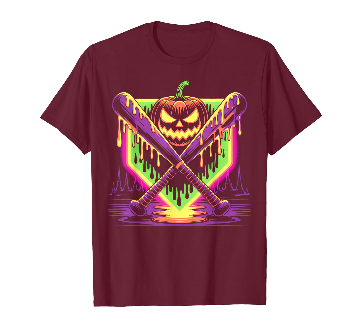 Halloween Pumpkin Baseball Crossed Bats Dripping Horror T-Shirt