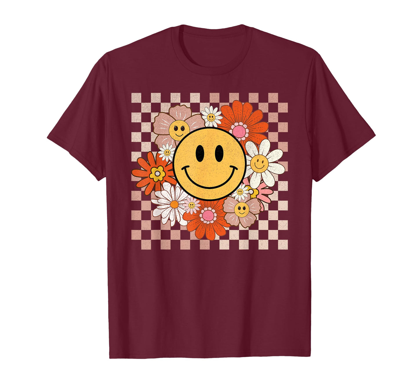 Retro Groovy Smile Happy Face Flowers Checkered 70s Hippie T-Shirt