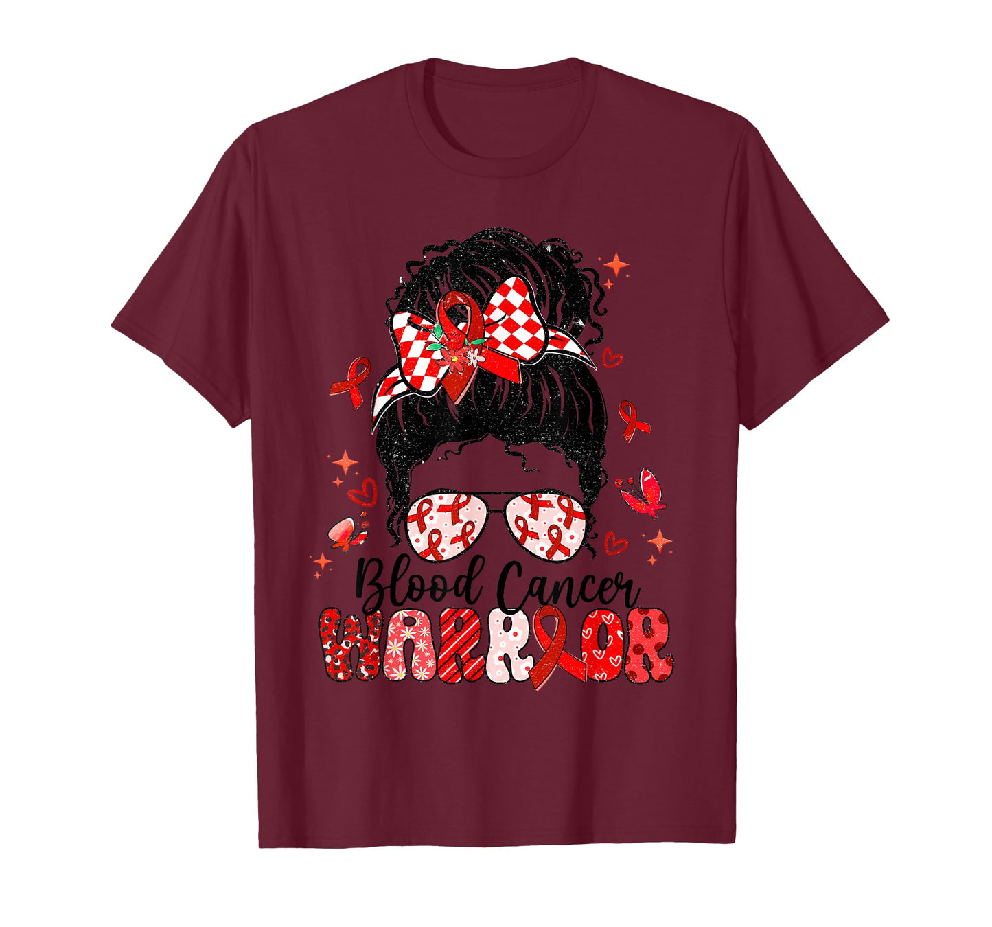 Warrior Messy Bun Red Ribbon Blood Cancer Awareness T-Shirt