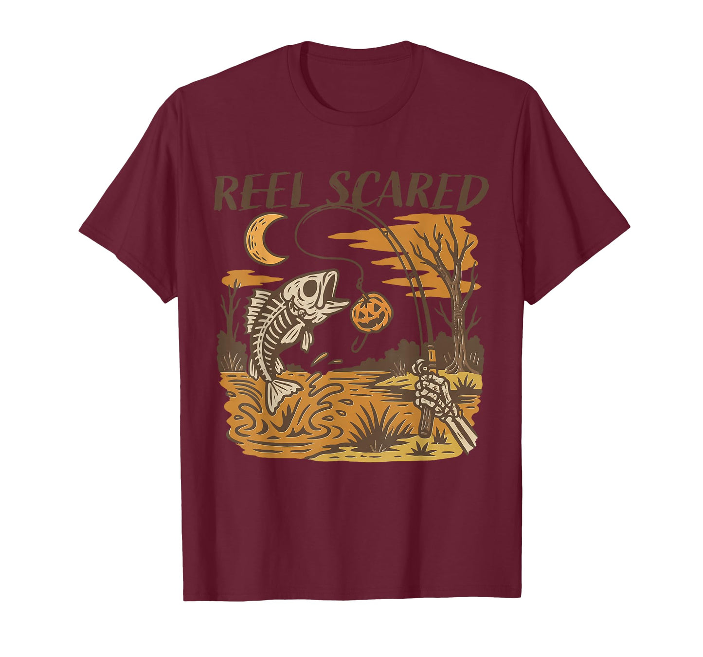 Reel Scared Funny Halloween Fishing Skeleton Fisherman T-Shirt