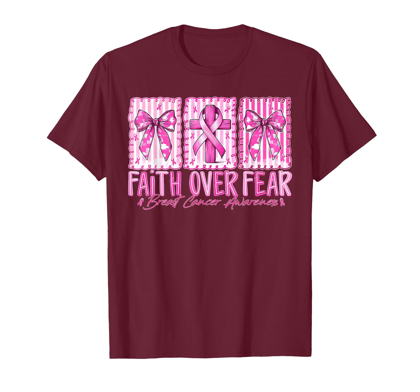 Preppy Faith Over Fear Breast Cancer Bow Warrior Christian T-Shirt