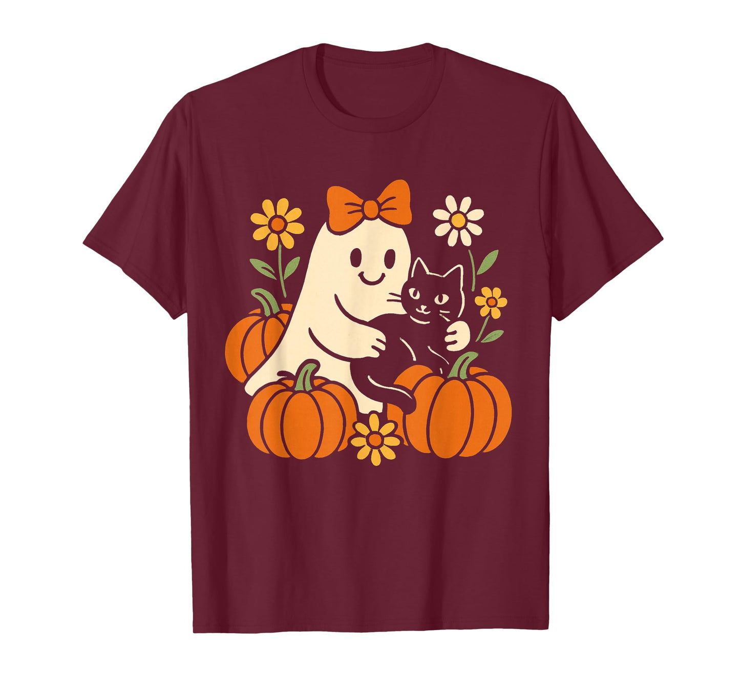 Vintage Halloween Ghost Holding Black Cat Groovy Floral T-Shirt