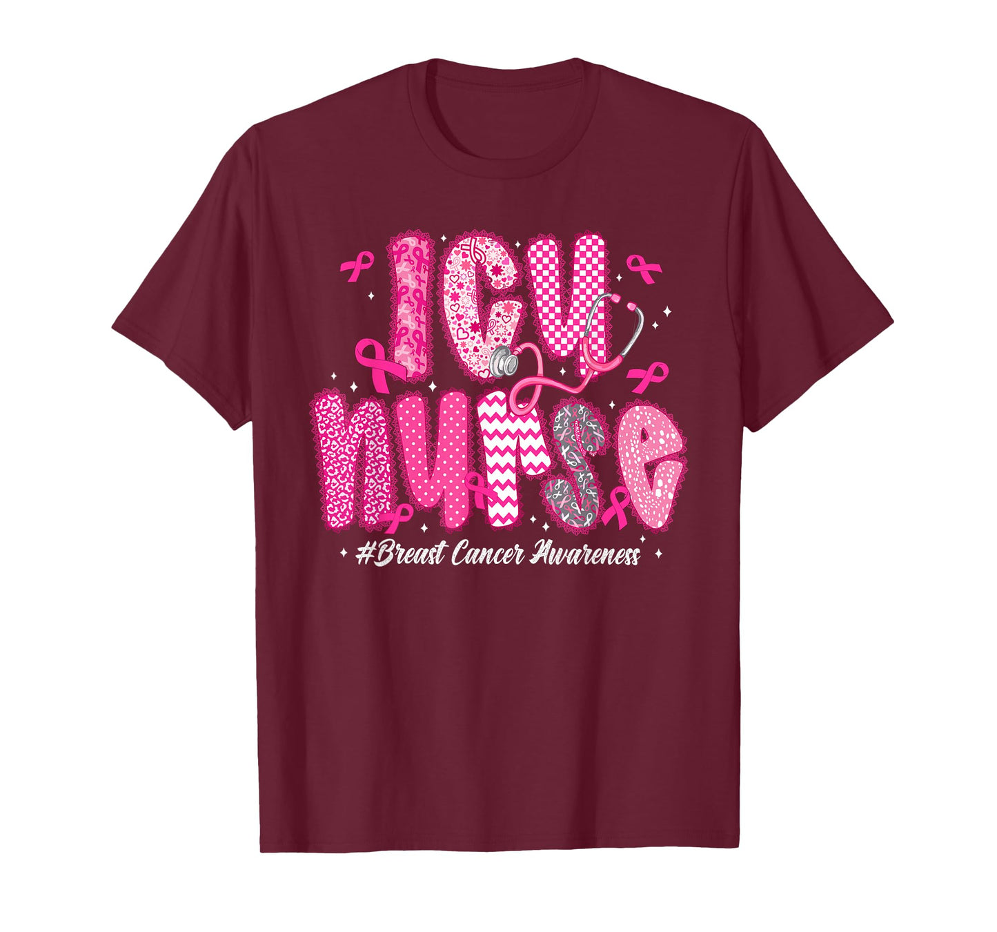 in October We Wear Pink ICU Nurse Breast Cancer Awareness T-Shirt